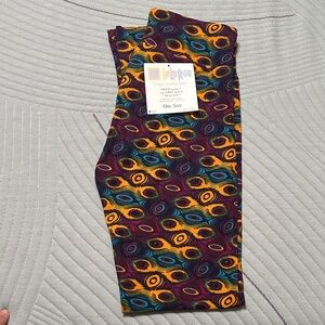 LuLaRoe Peacock Feather Print Leggings - Purple, Yellow, Blue